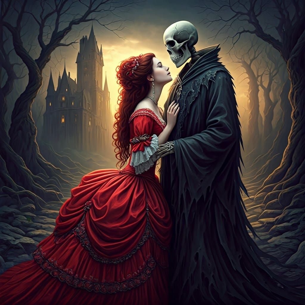 Woman Kisses Skeleton in Rococo Gown
