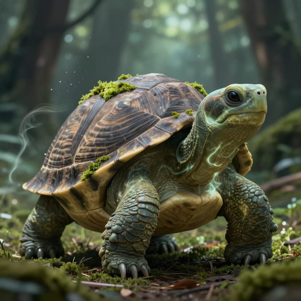 Wise Ancient Turtle Character in Ethereal Forest Light