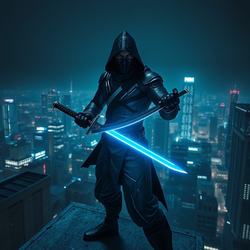 Cyberpunk Ninja Assassin in Tokyo Skyscraper