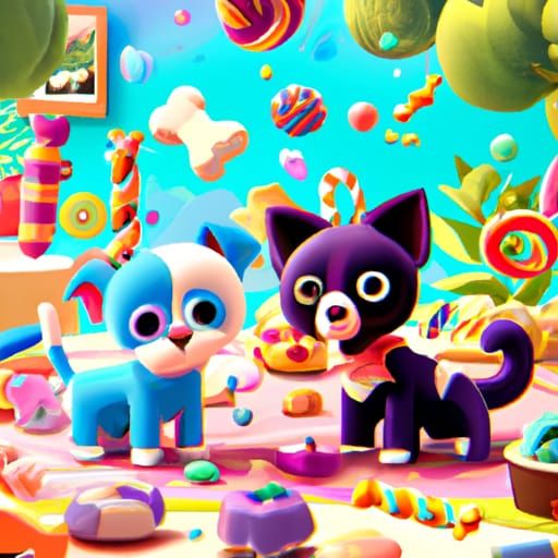 Whimsical Cat and Dog in Candy Art Style