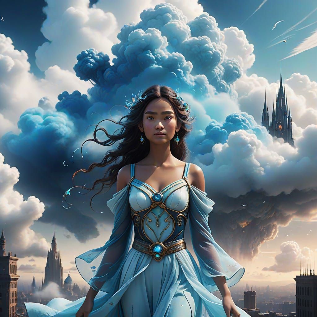 Whimsical Air Elemental Woman in Cloud Cityscape
