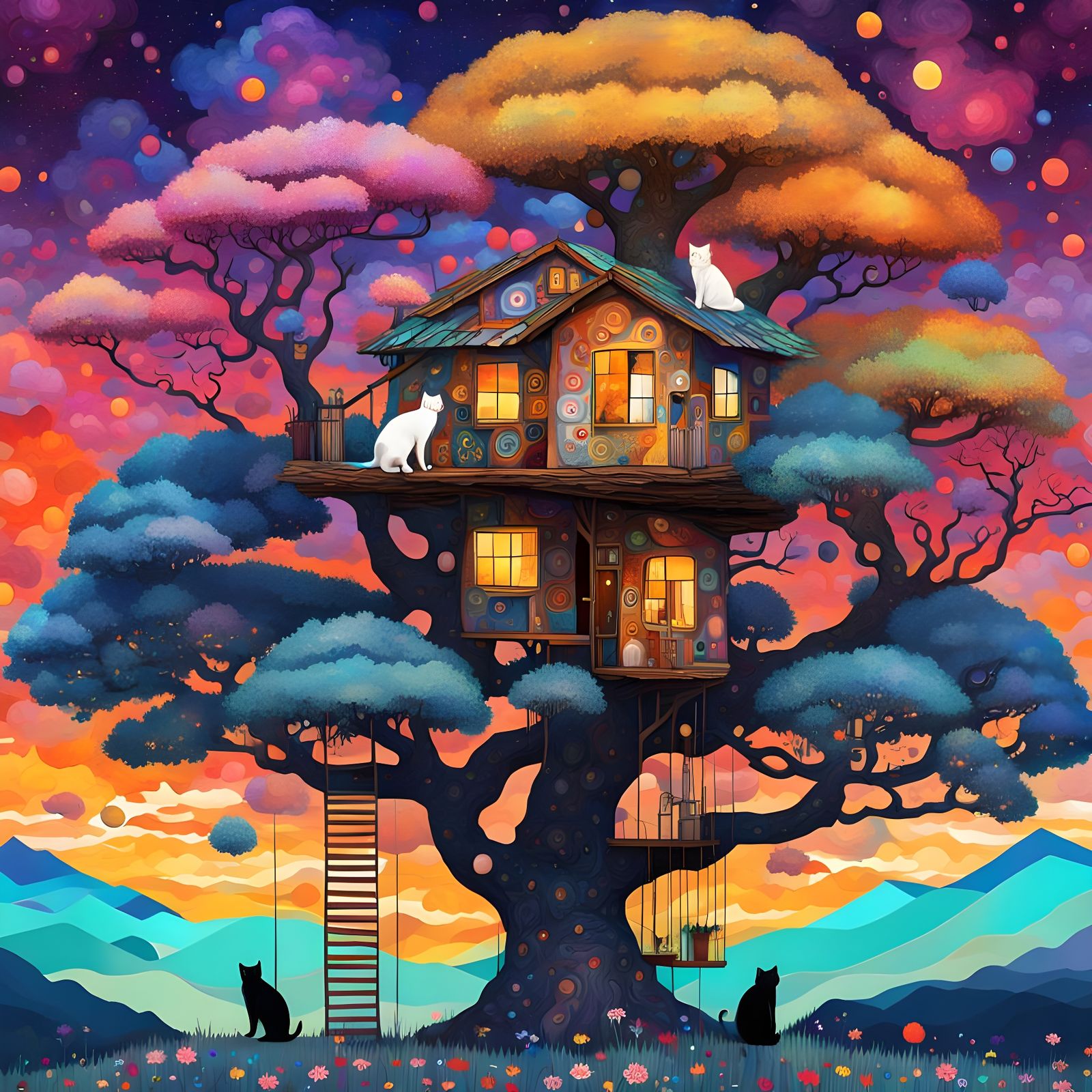 Cat Treehouse in Klimt-Inspired Mosaic Collage