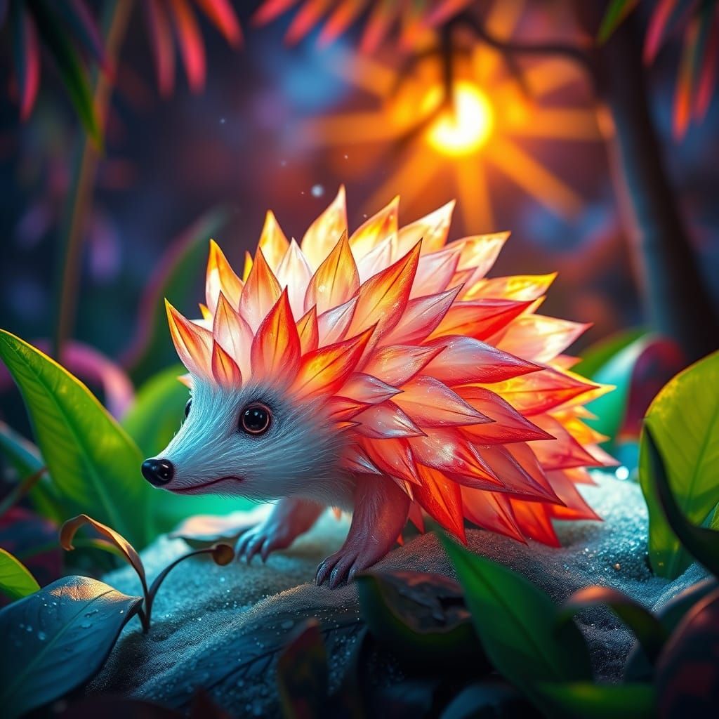 Snow hedgehog made of tropical leaves, a summer night. translucent, luminous, magic.