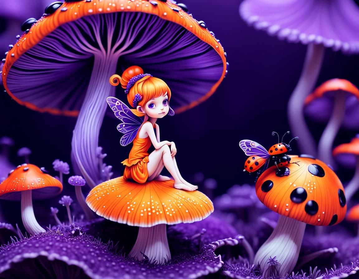 Orange Fairy on Mushroom: Macro Photography