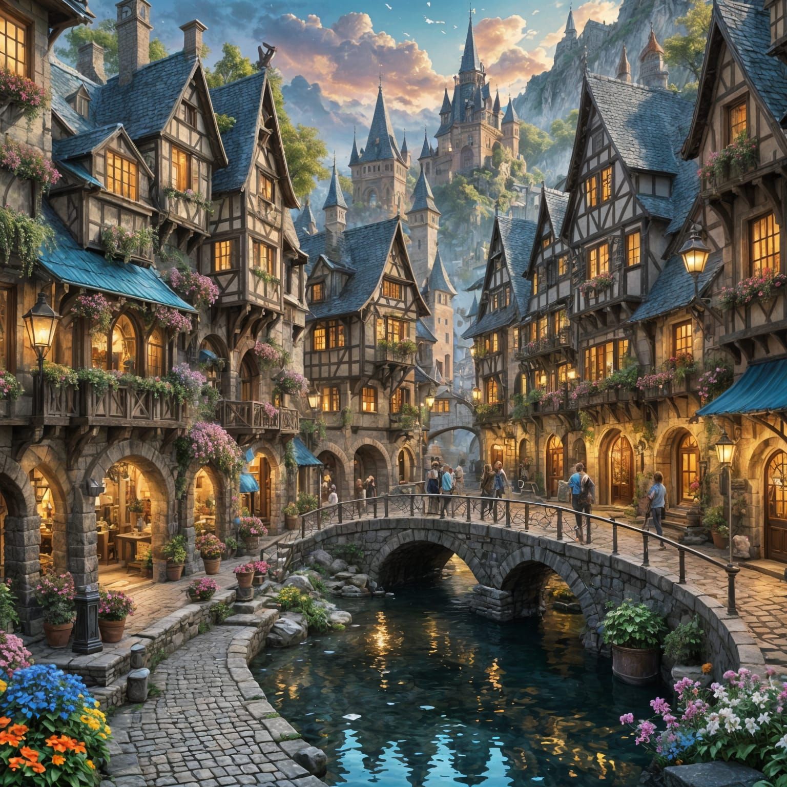 Magical Town with Crystal River in Fantasy Art