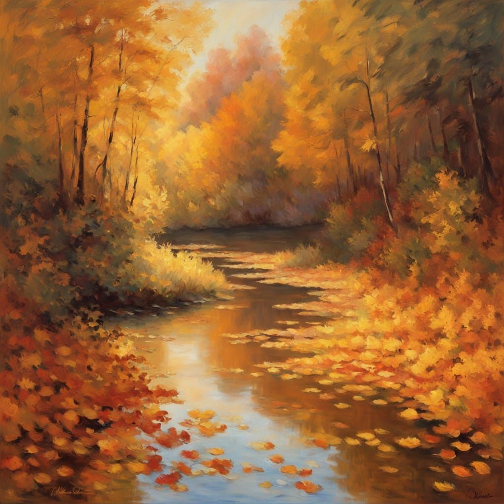 *Open Prompt - Vibrant Oil Painting. Medium Shot. A serene stream winds through a forest, surrounded by autumn trees, as...