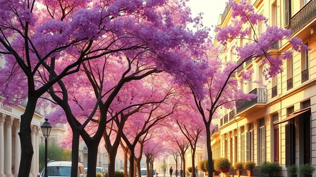 Parisian Street with Jacaranda Trees in Art Nouveau Style