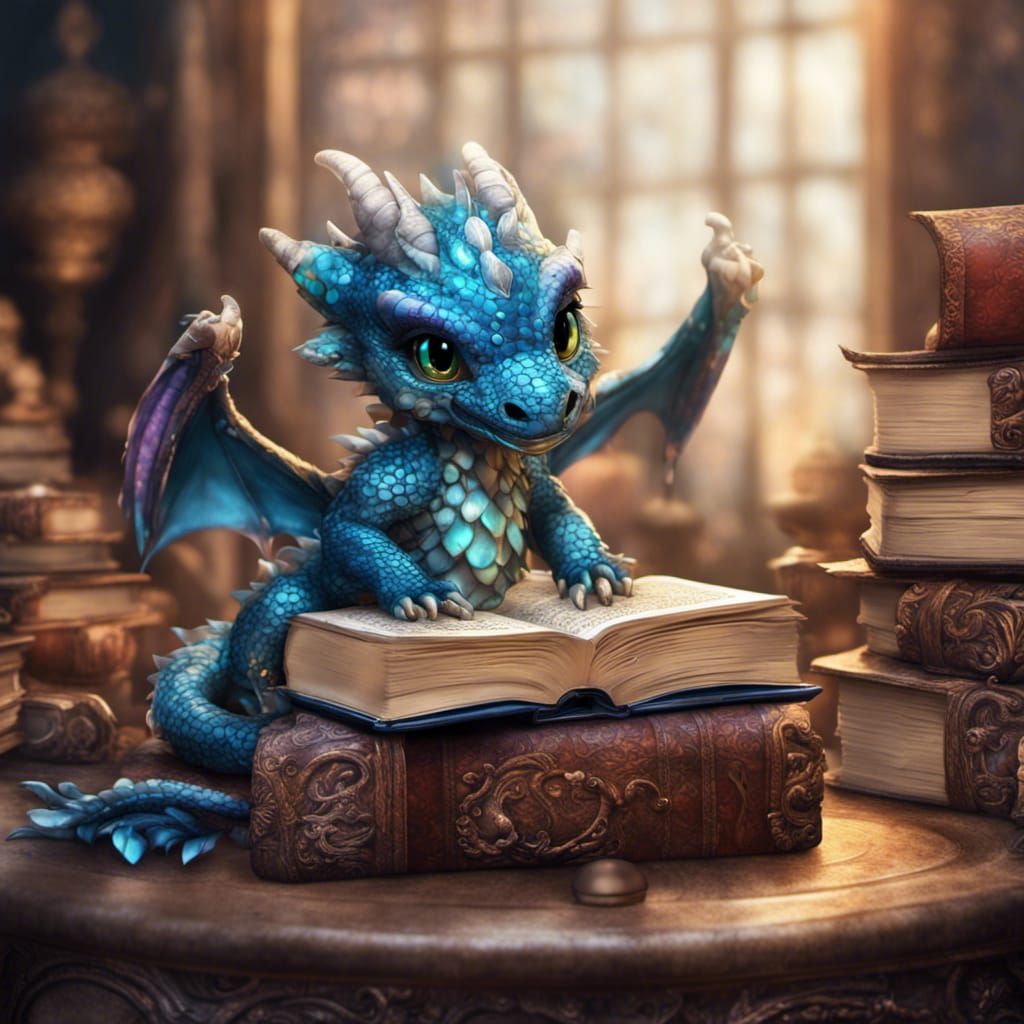 Detailed Chibi Dragon on Magic Books