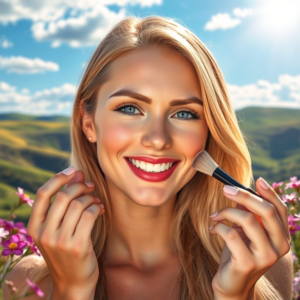 Blonde Woman Applying Makeup in a Hyper-Realistic Portrait