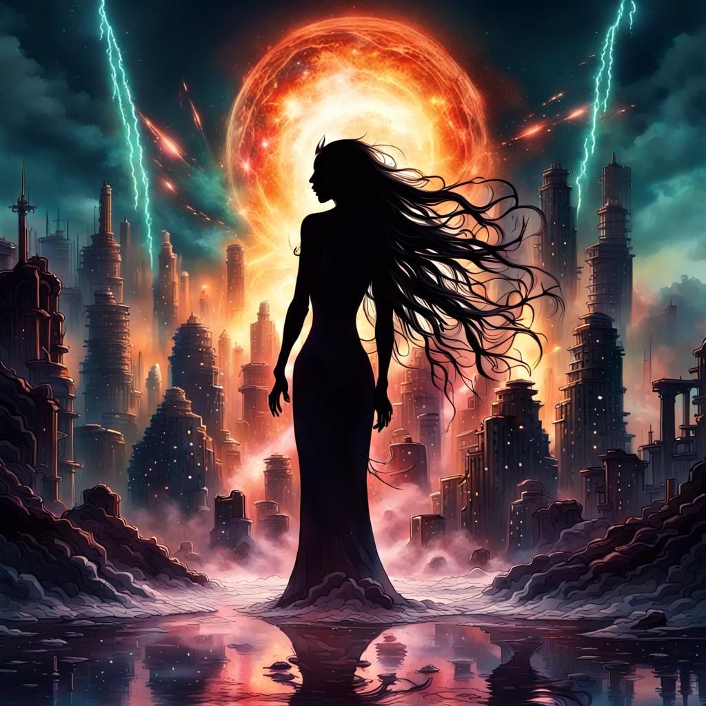 Cosmic Demon Silhouette Over Flooded City