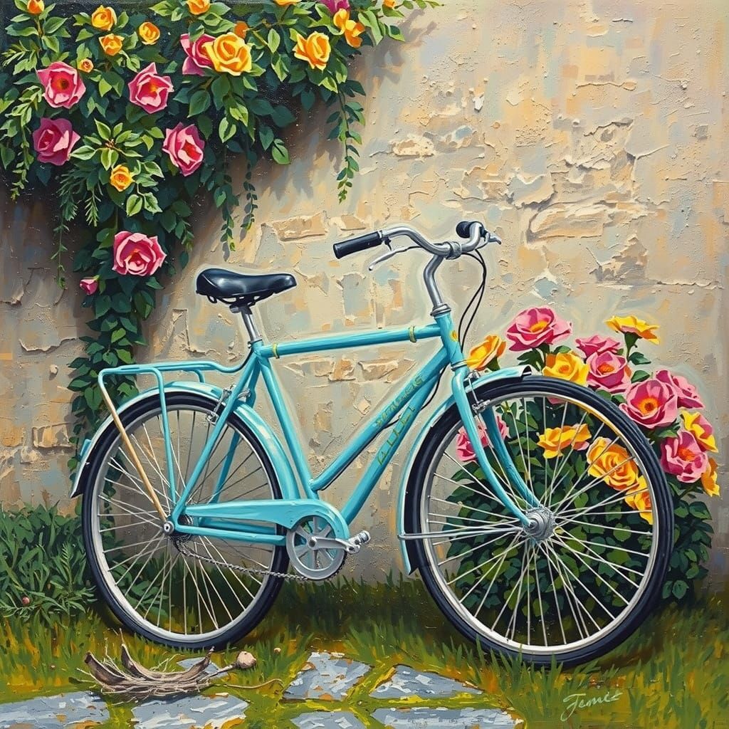 Vintage Bicycle with Flowers in Impressionist Oil Painting S...