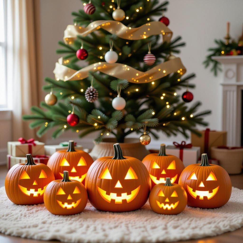 Jack O Lanterns Under a Christmas Tree