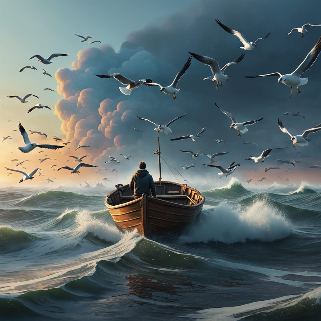 Person in Boat with Seagulls at Golden Hour