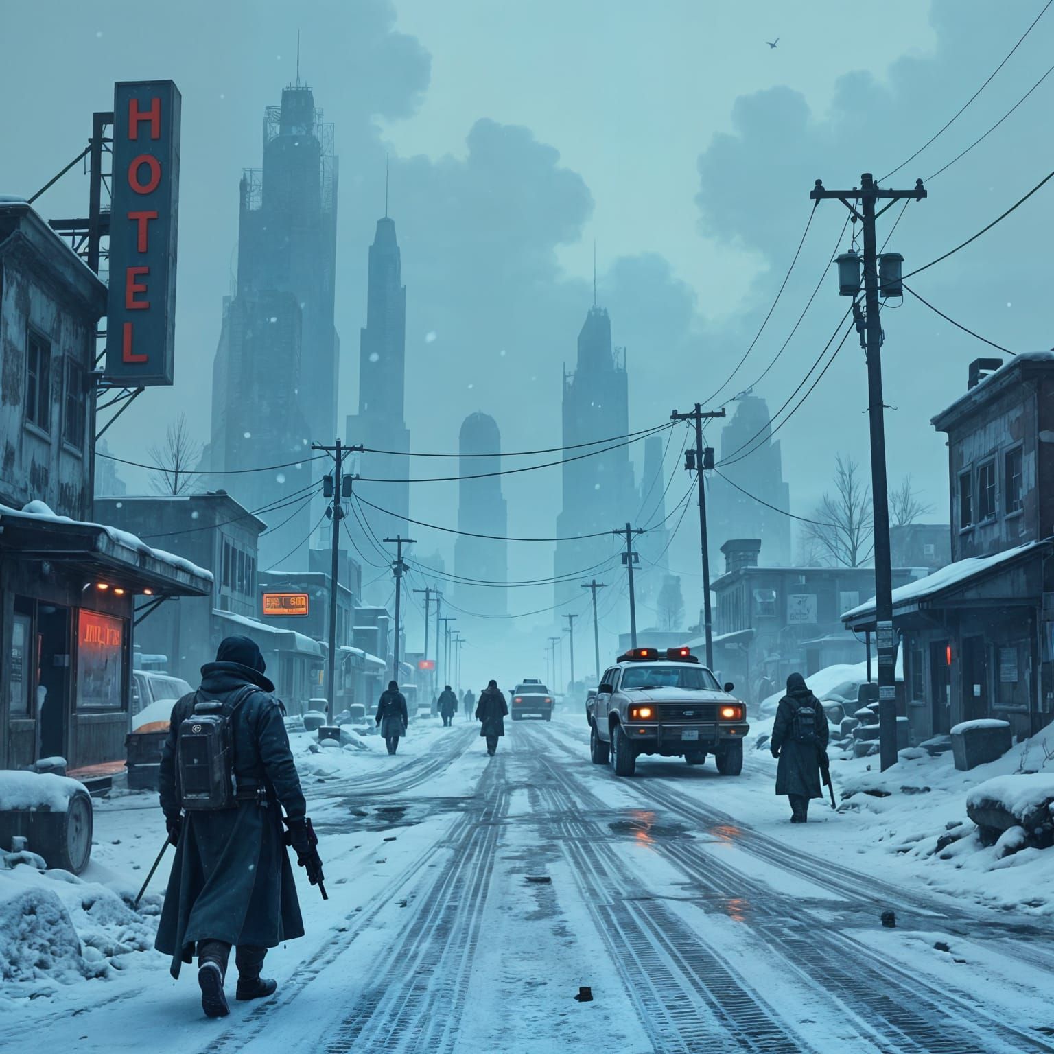 Post-Apocalyptic Retro Sci-Fi Cityscape with Snow