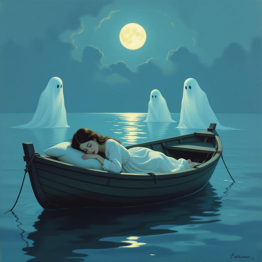 Dreamy Seascape: Sleeping Girl and Ghostly Figures