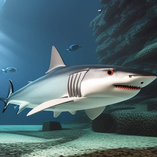 Mechanical Shark Eating Fish in Sci-Fi Style