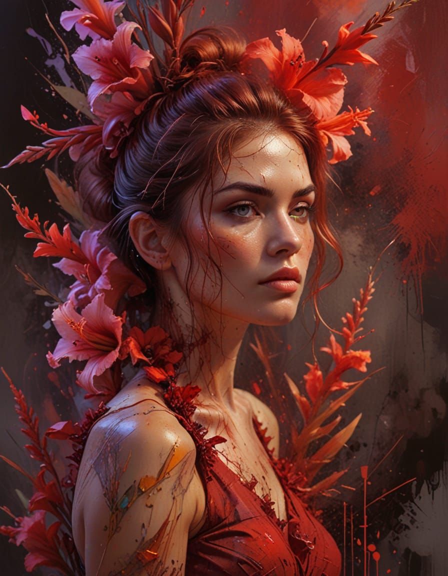 Grunge-Style Red Gladioli Blooms in Vibrant, Iridescent Hues