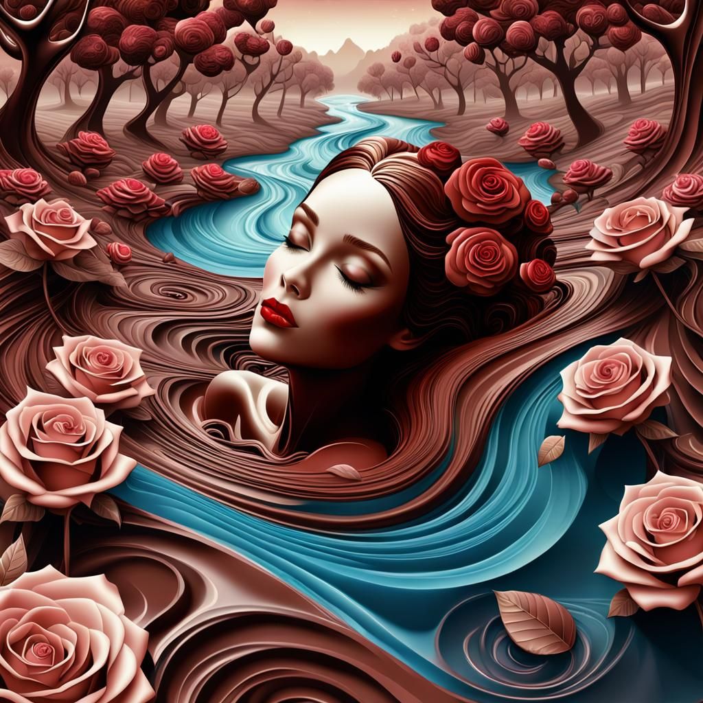 Romantic Chocolate Rose Landscape with Woman in 3D