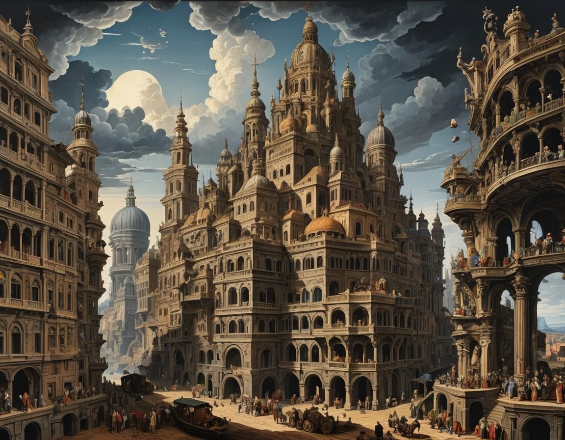 Baroque Cityscape with Geometric Layers in Bauhaus Style