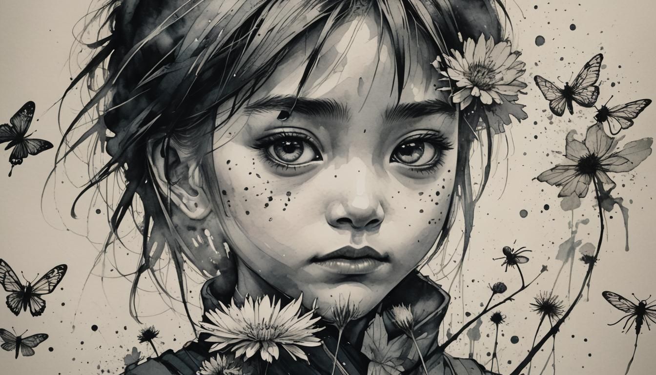 Rainbow Ink Drawing: Mulan Chibi with Flowers