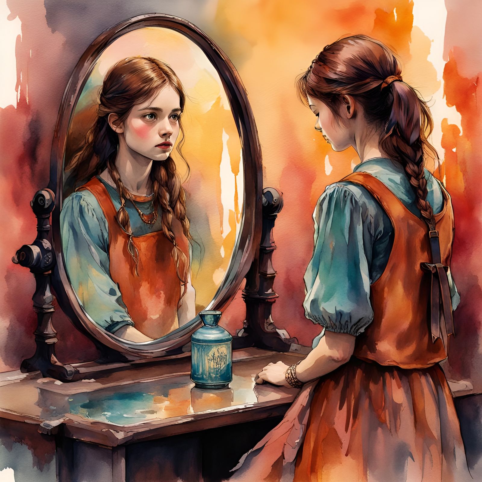 Girl Gazing into Mirror: Watercolor and Ink Illustration