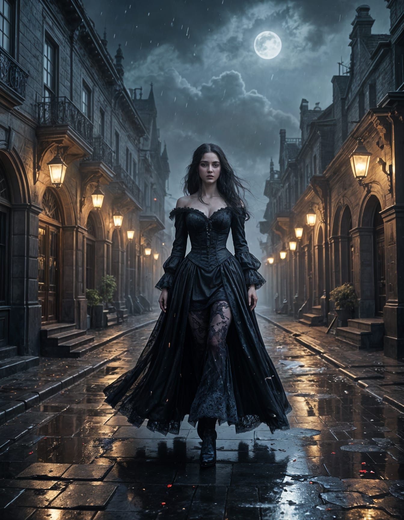 Ethereal Victorian Vampireess Walks Through Ruined City