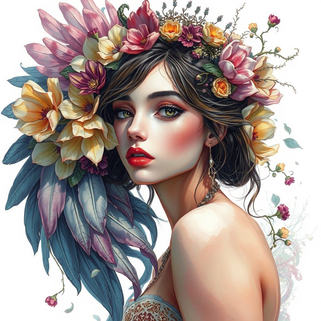 Elegant Princess with Biopunk Feathers in Anime Style