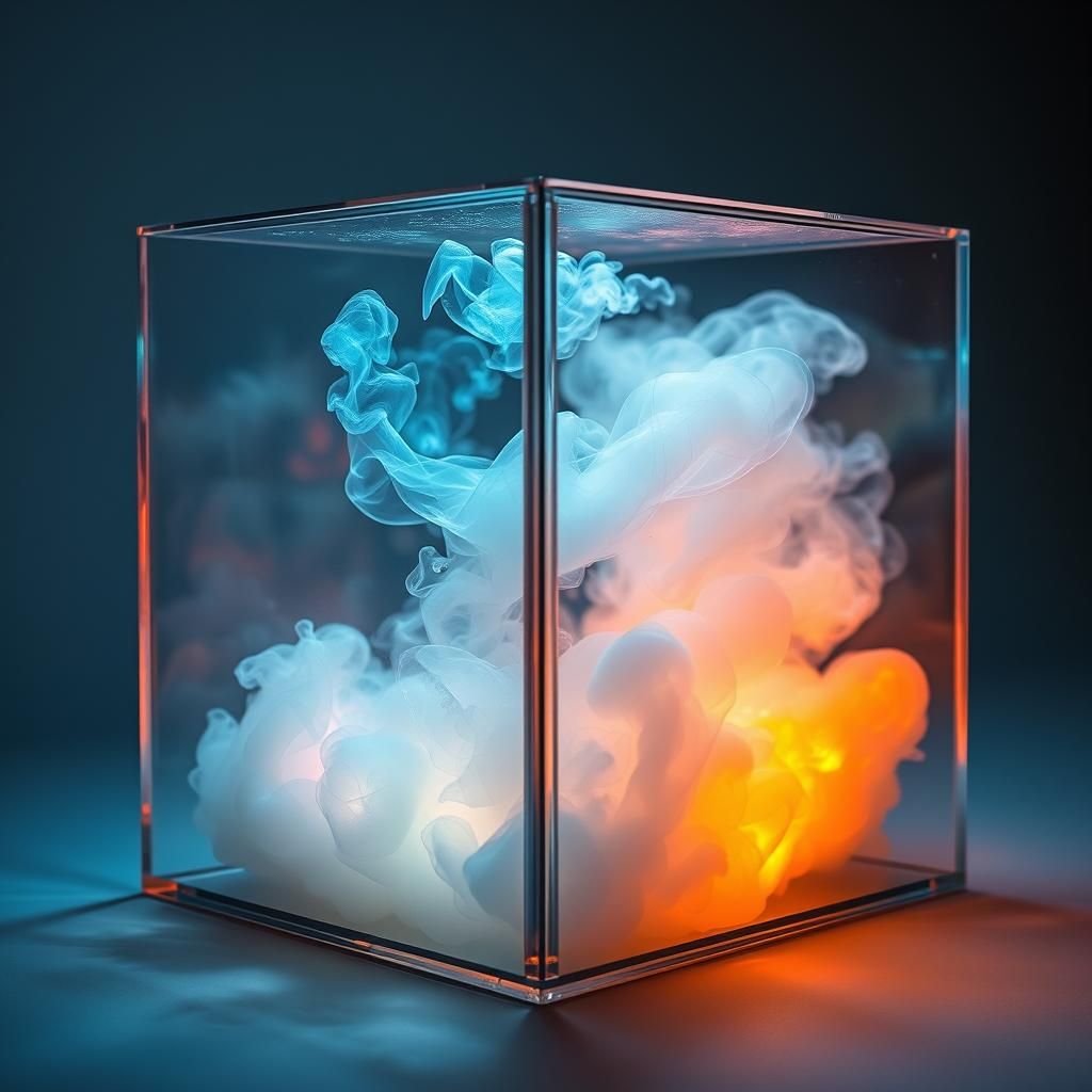 Iridescent Mist Inside Glass Box: Surreal Dreamscape