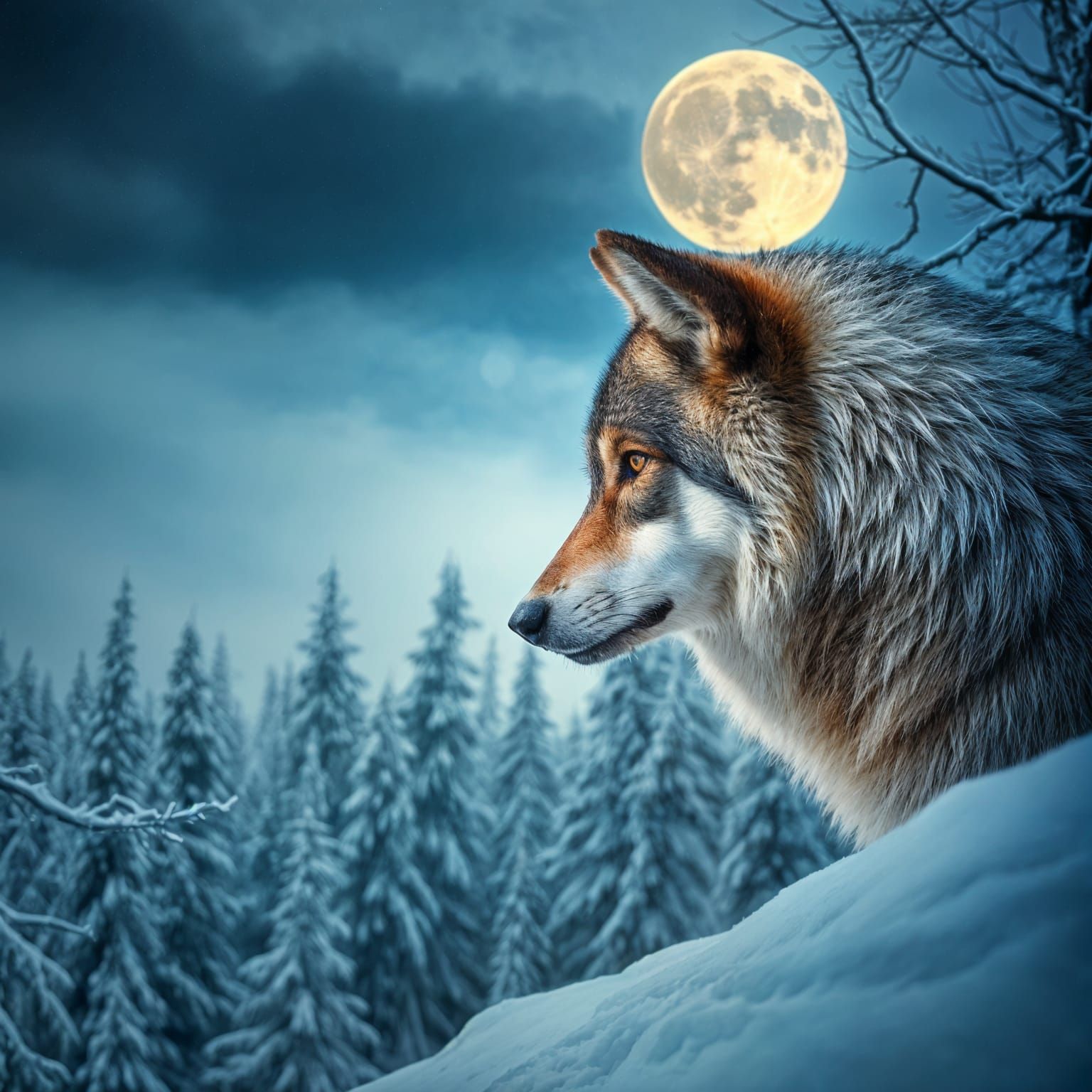 Wolf in Snowy Forest Under Moonlight