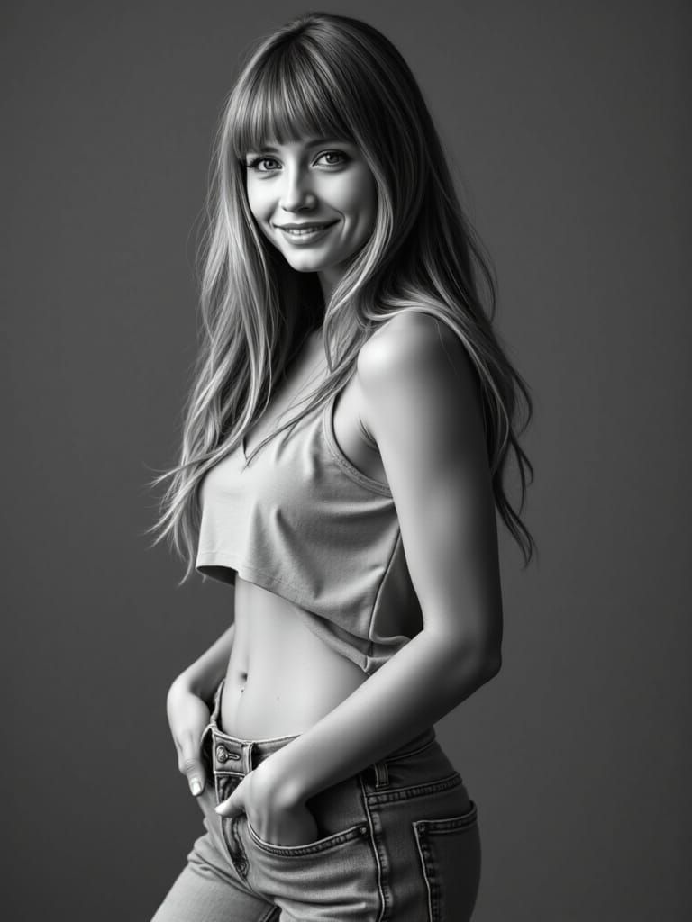 Surreal Black and White Portrait of a Young Woman in Faded J...