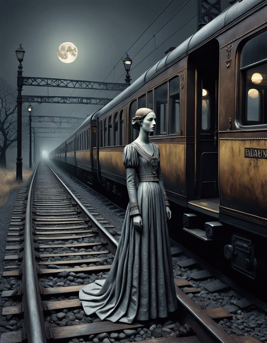 A Dreamlike Scene of a Woman Waiting in a Desolate Nighttime...