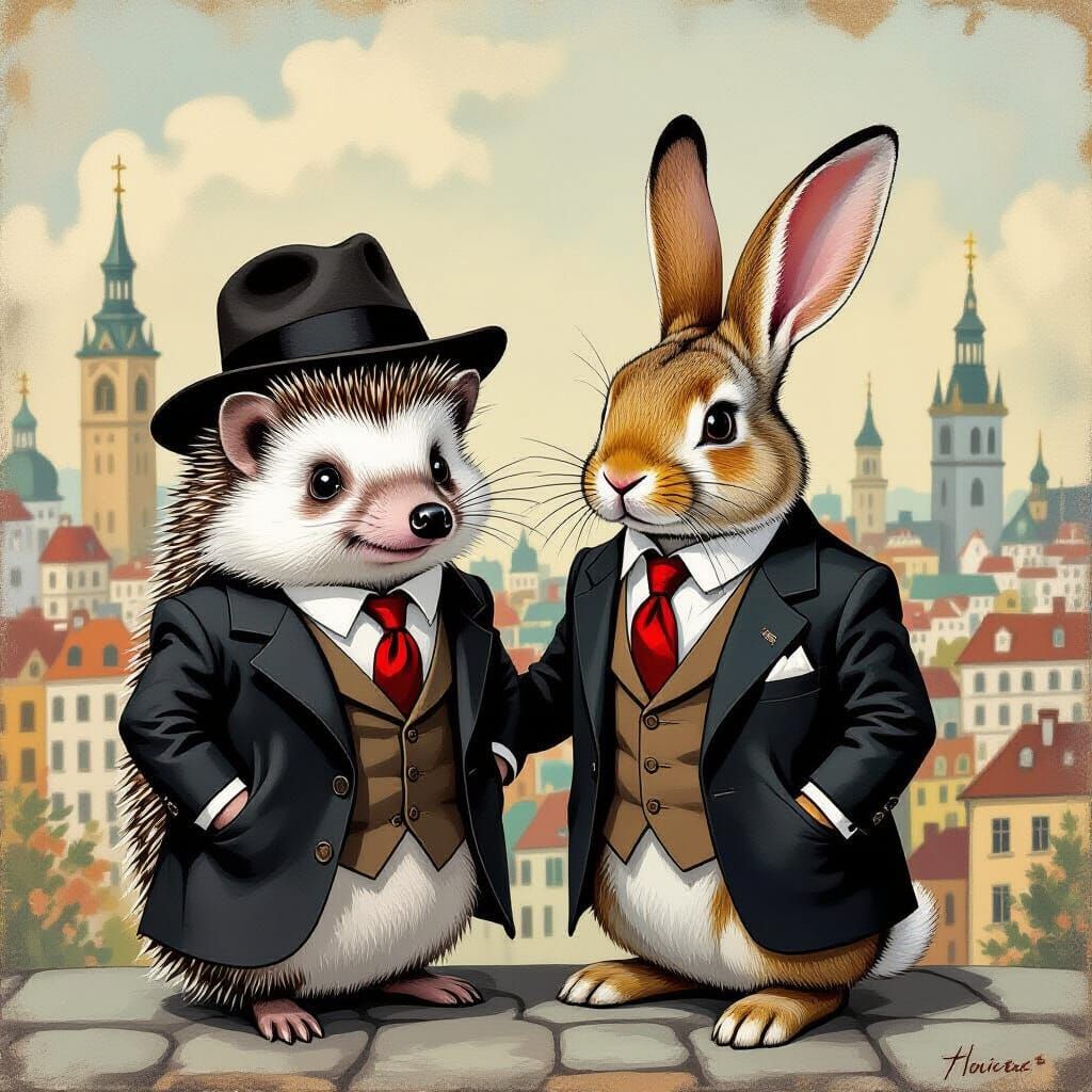 Hedgehog and Rabbit in 1950s Fashion, Chagall and Modigliani...