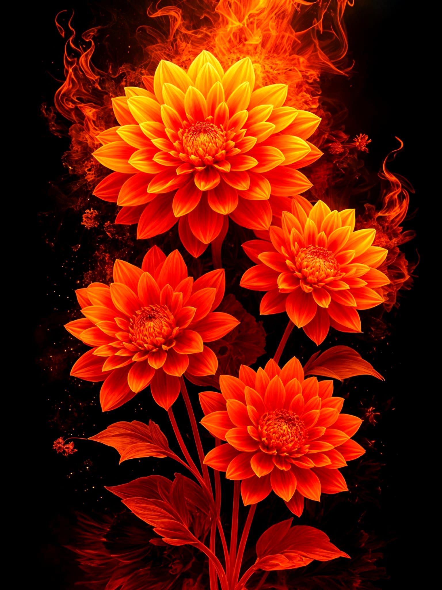 Fiery Dahlias in Flames: An Ink Illustration