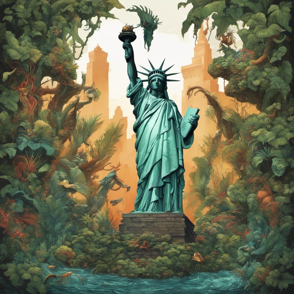 Statue of Liberty Submerged in Jungle Art