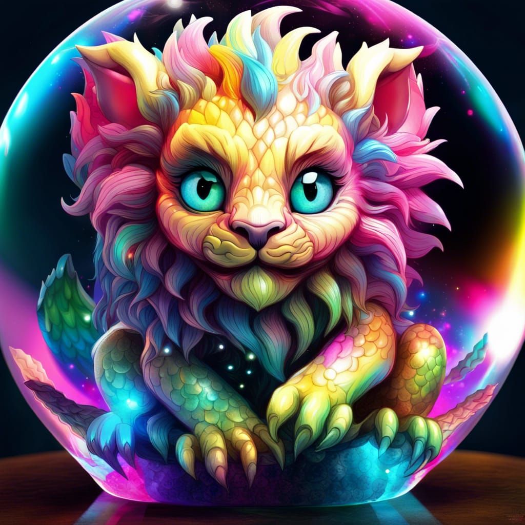 Cute Dragon-Lion on Crystal Sphere in Fantasy Art