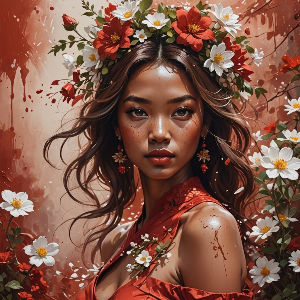 Beautiful Woman in Red Dress with White Flowers