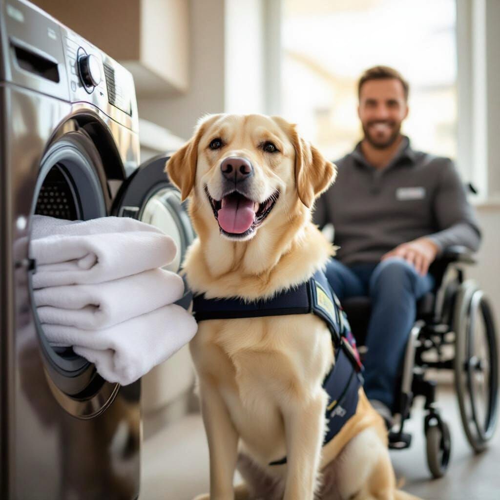 Labrador Assistance Dog Helps Man with Laundry