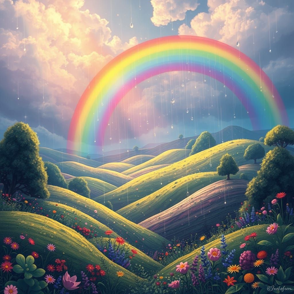 Kitschy Rainbow Fantasy Realm with Sparkling Raindrops