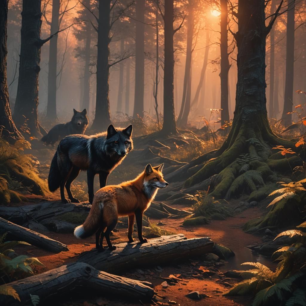 Fox and Wolf in Dark Forest: Fantasy Concept Art