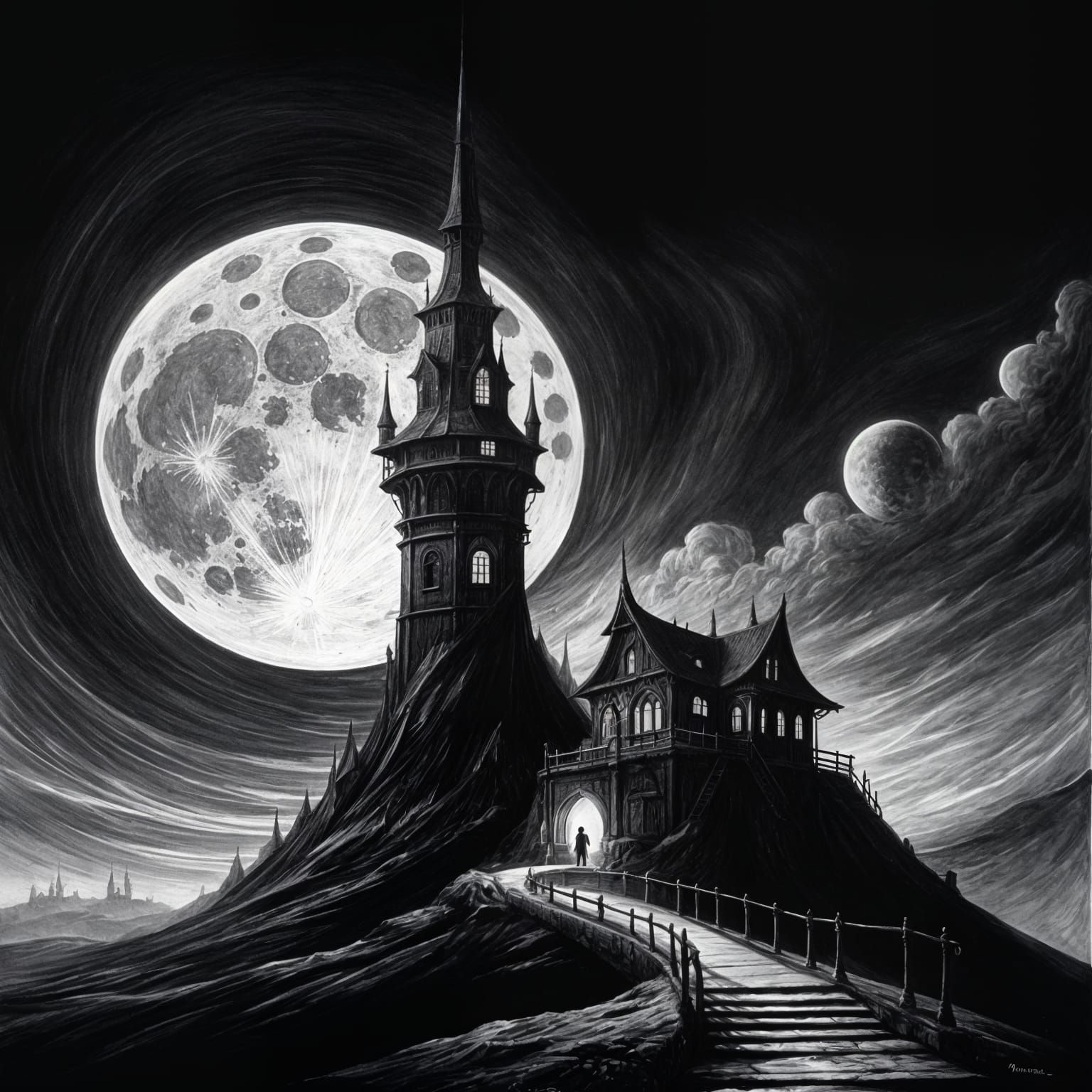 Traveler Walks Towards Moon House in Charcoal Drawing