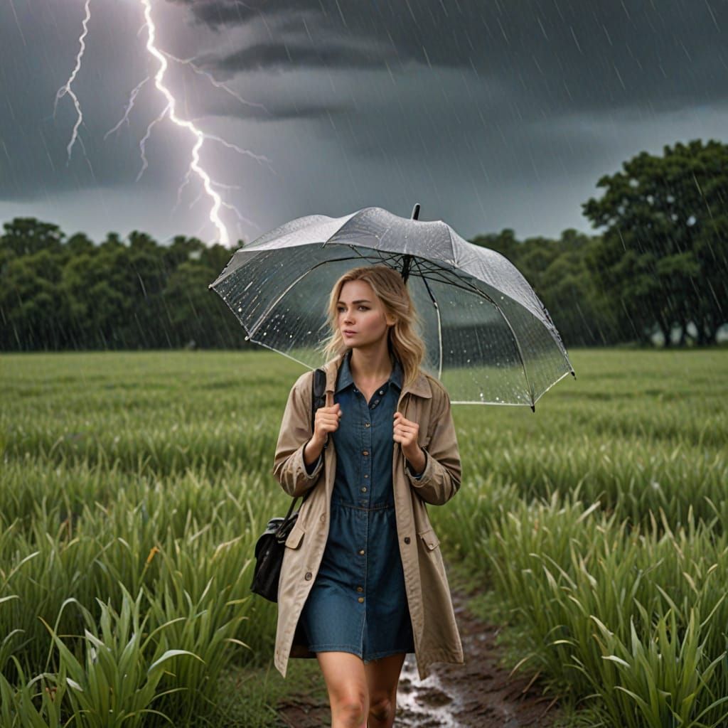 Cute Blond Girl with Umbrella in Rainy Field with Lightning