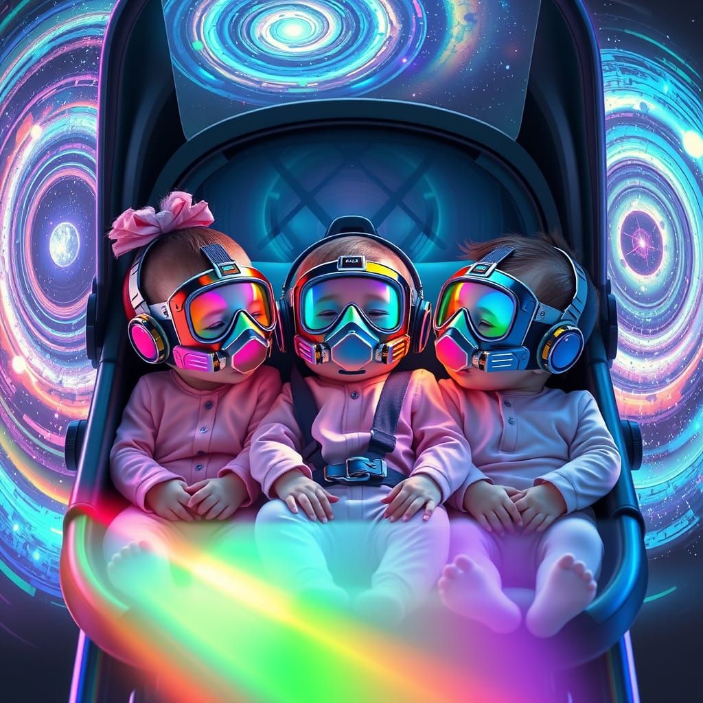 Babies in High-Tech Stroller with Holographic Nebulae