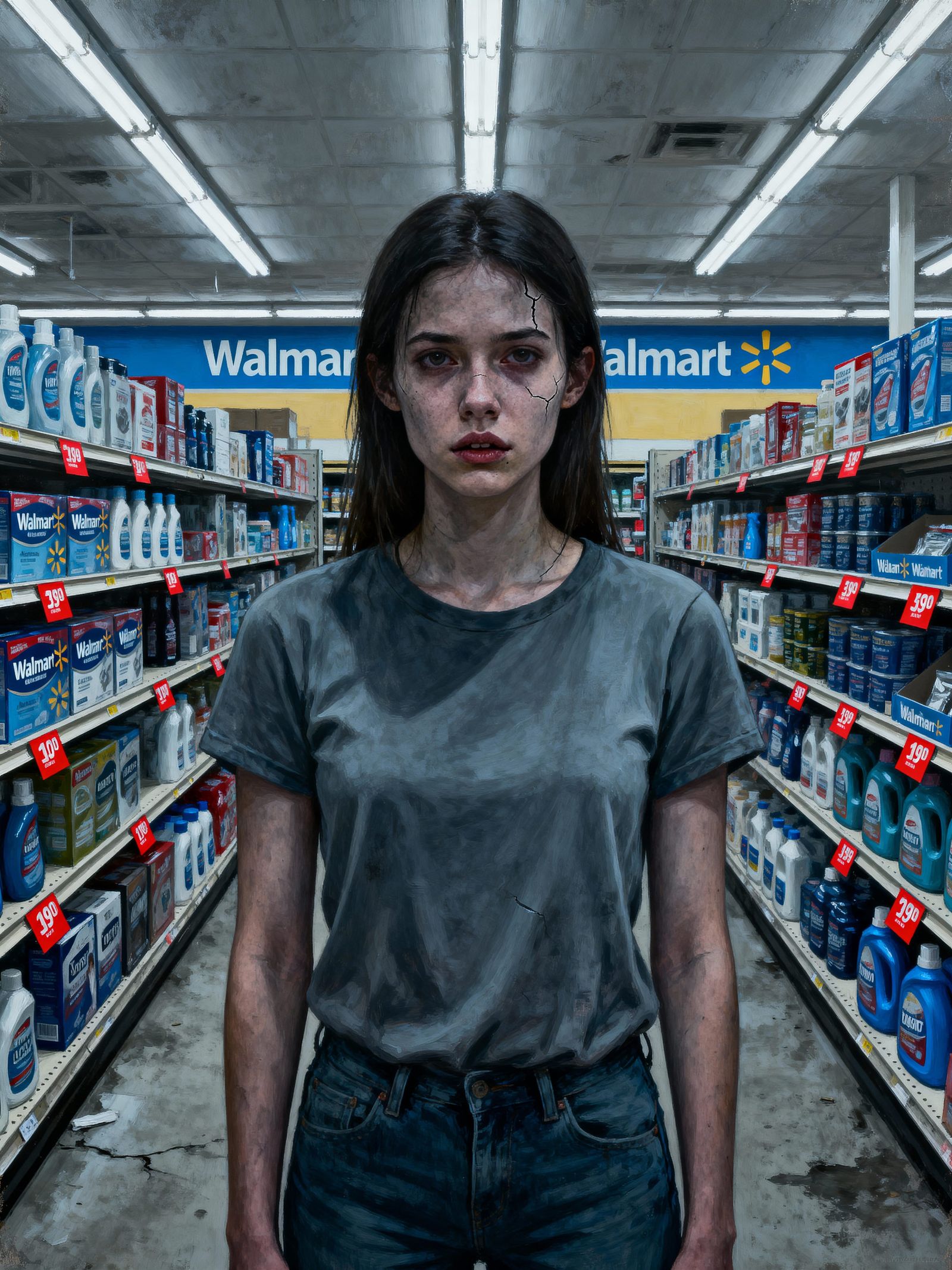 Woman in Walmart Aisle with Dark Undertones