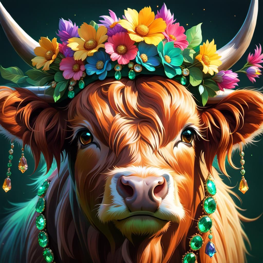 Highland Cow Portrait with Floral Crown in Fairycore Style