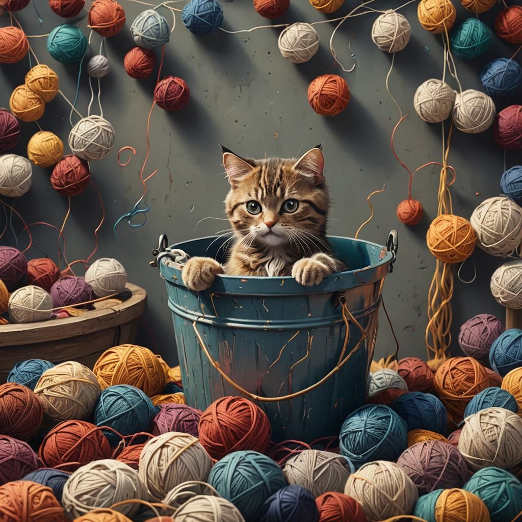 Cat Plays With Yarn: Detailed Fantasy Concept Art