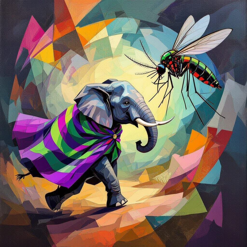 Elephant Fleeing Mosquito in Cubist Abstract Style