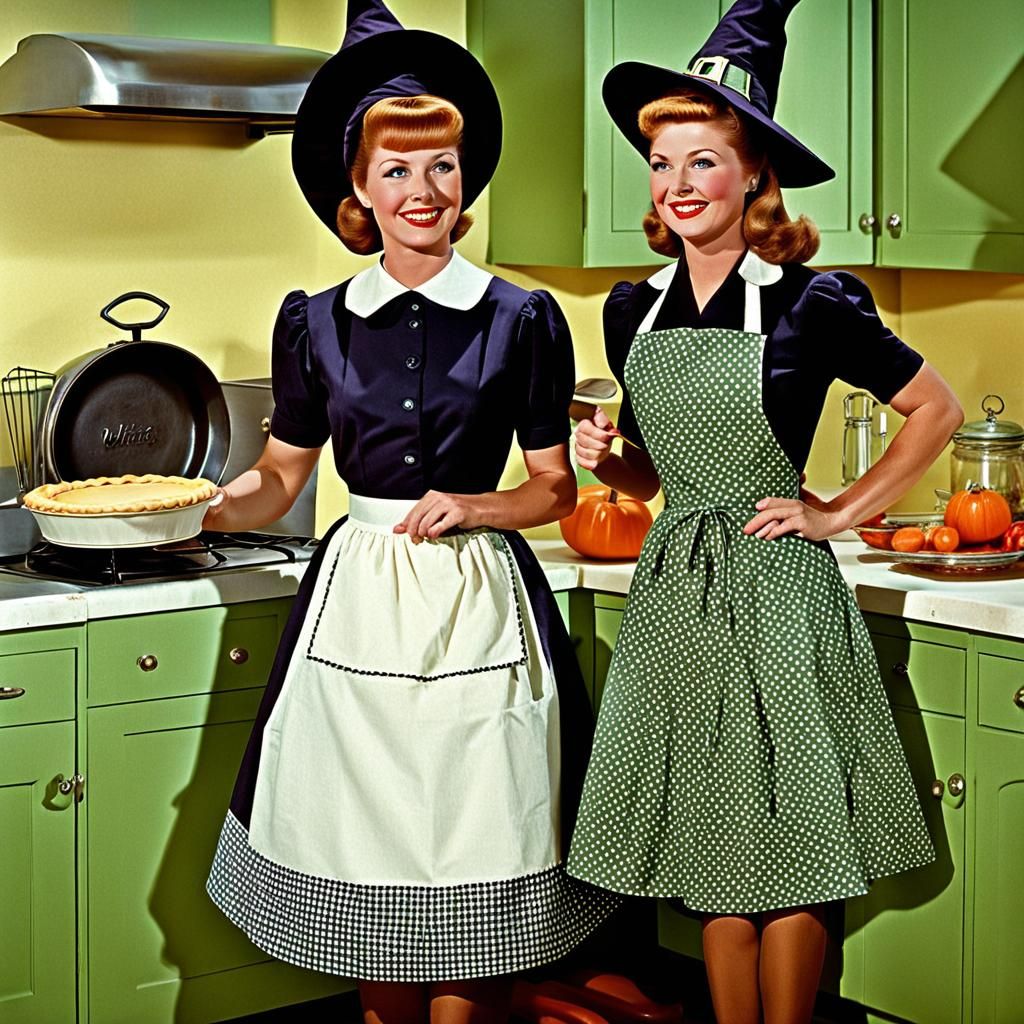 1960s Housewife Baking a Pie with Witch Hat