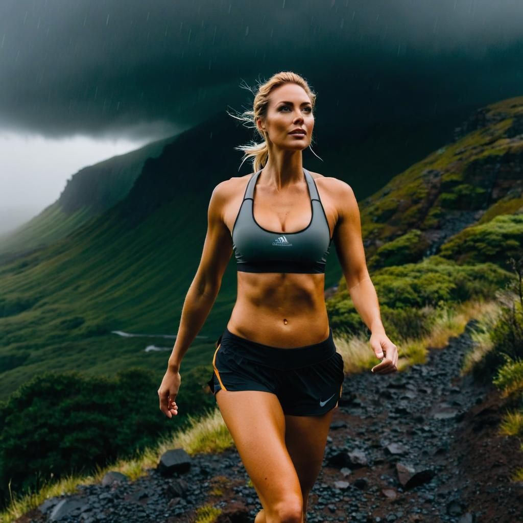 Woman Hiking Bare-Chested on Stormy Day