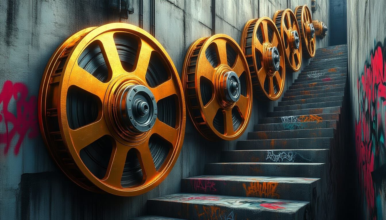 Surreal Golden Reels on Graffiti Walls
