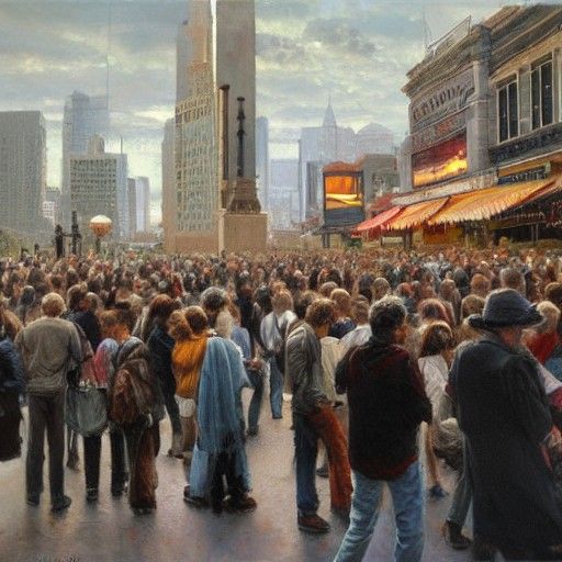 Crowd Turned Away in Oil Painting Style